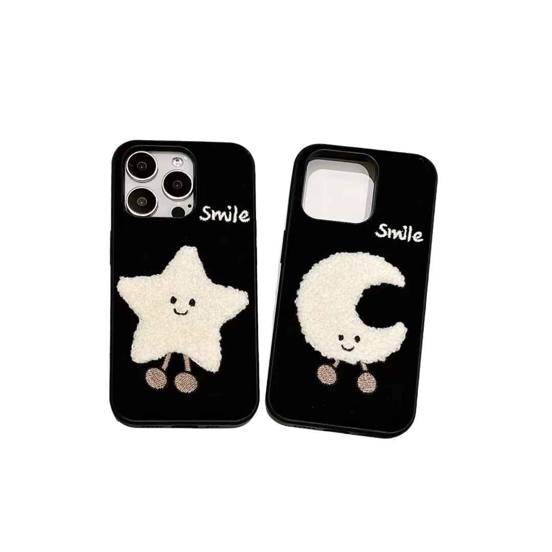 

Плюшевый чехол для телефона со звездами и луной с вышивкой для iPhone 17, 16, 14, 13, 12, Pro Max, полное покрытие