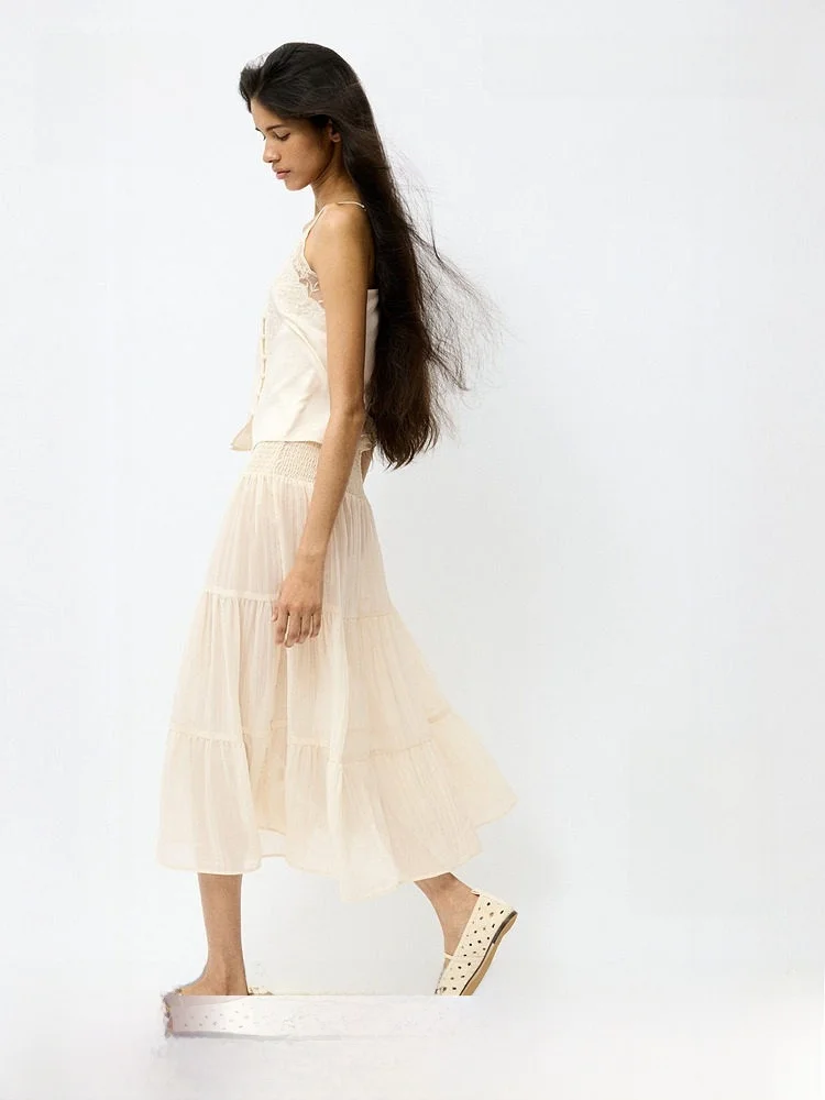 

Summer New Women's Pleated Chiffon Halterneck Skirt A-Line Loose Fit mid Waist Polyester Fiber H&M 1331691