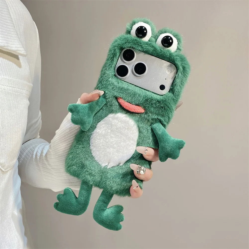 Whimsical Emerald Fuzzy 3D Frog Googly Eye Phone Case for 17 Pro Max Cute Limbs Dangling Cartoon Plush Cover for iPhone 16 15 14