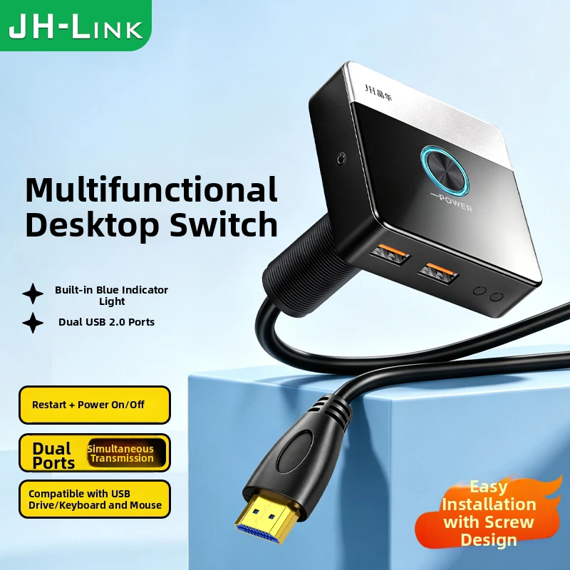 Desktop Power Reset Switch With 2‑Port USB2.0 Hub Screw‑Mount External Computer On Off Restart Button Extension Cable For Deskto