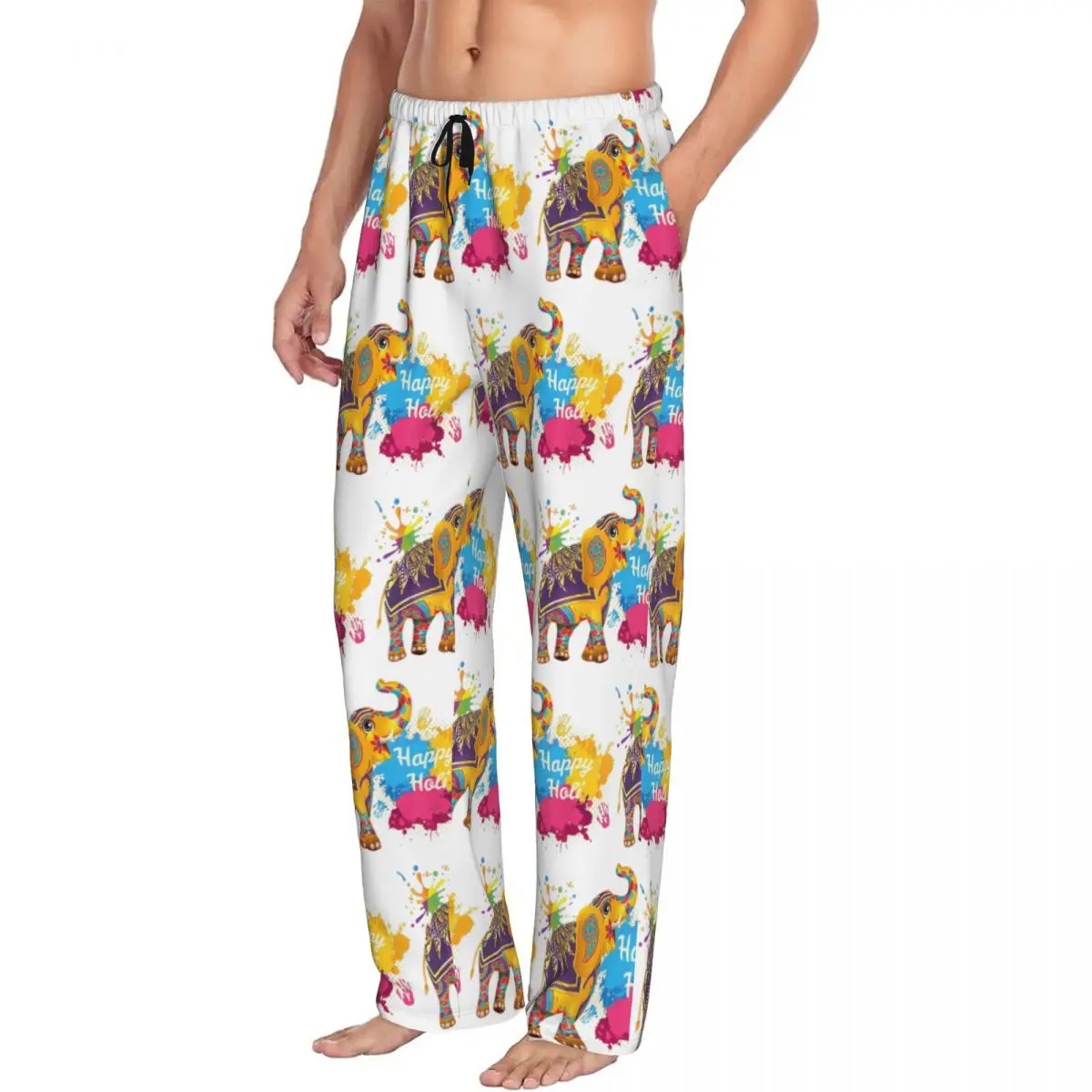 Custom Happy Holi Festival India Color Elephant (2) Men Pajama Pants Lounge Sleep Sleepwear Bottoms with Pockets