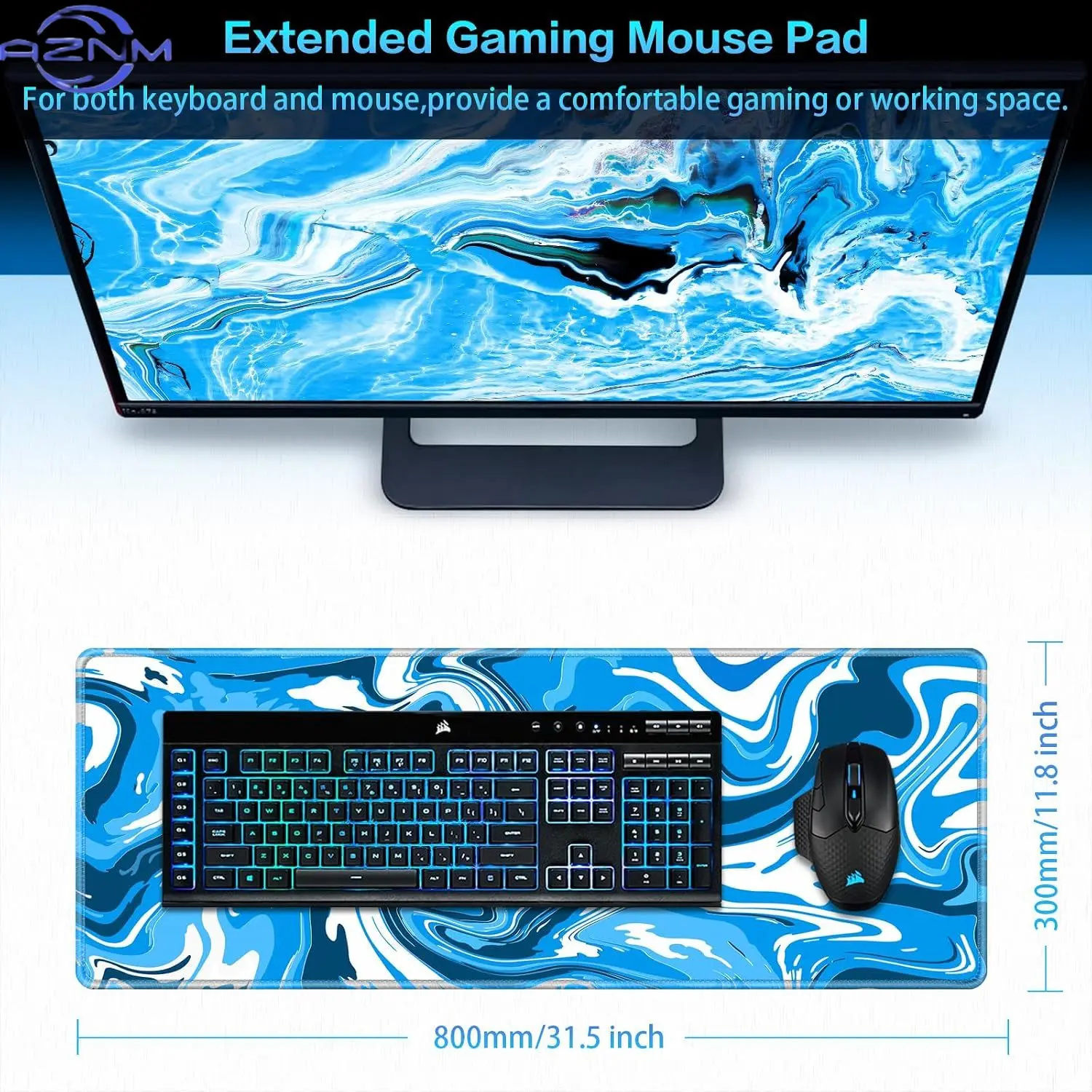 Blue White Liquid Marble Gaming Mouse Pad, Swirl Fluid Wave Print Smooth Edge Non Slip Mat Gamers Office Home Wireless Mouse Use