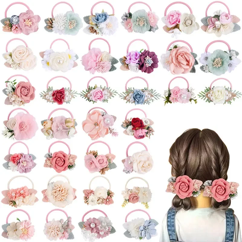 Elastic Flower Hair Bands for Girls Ponytail Holders Kids Floral Hair Tie Baby Pearls Hairband Headwear Rubber Hair Accessories