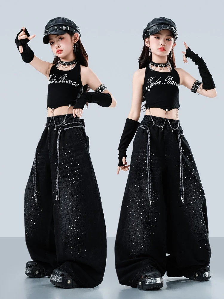 Kids Girls Jazz Dance Costume Black Vest Diamond Pants Hip Hop Performance Clothes Kpop Dance Outfits Team Stage Wear BL19585