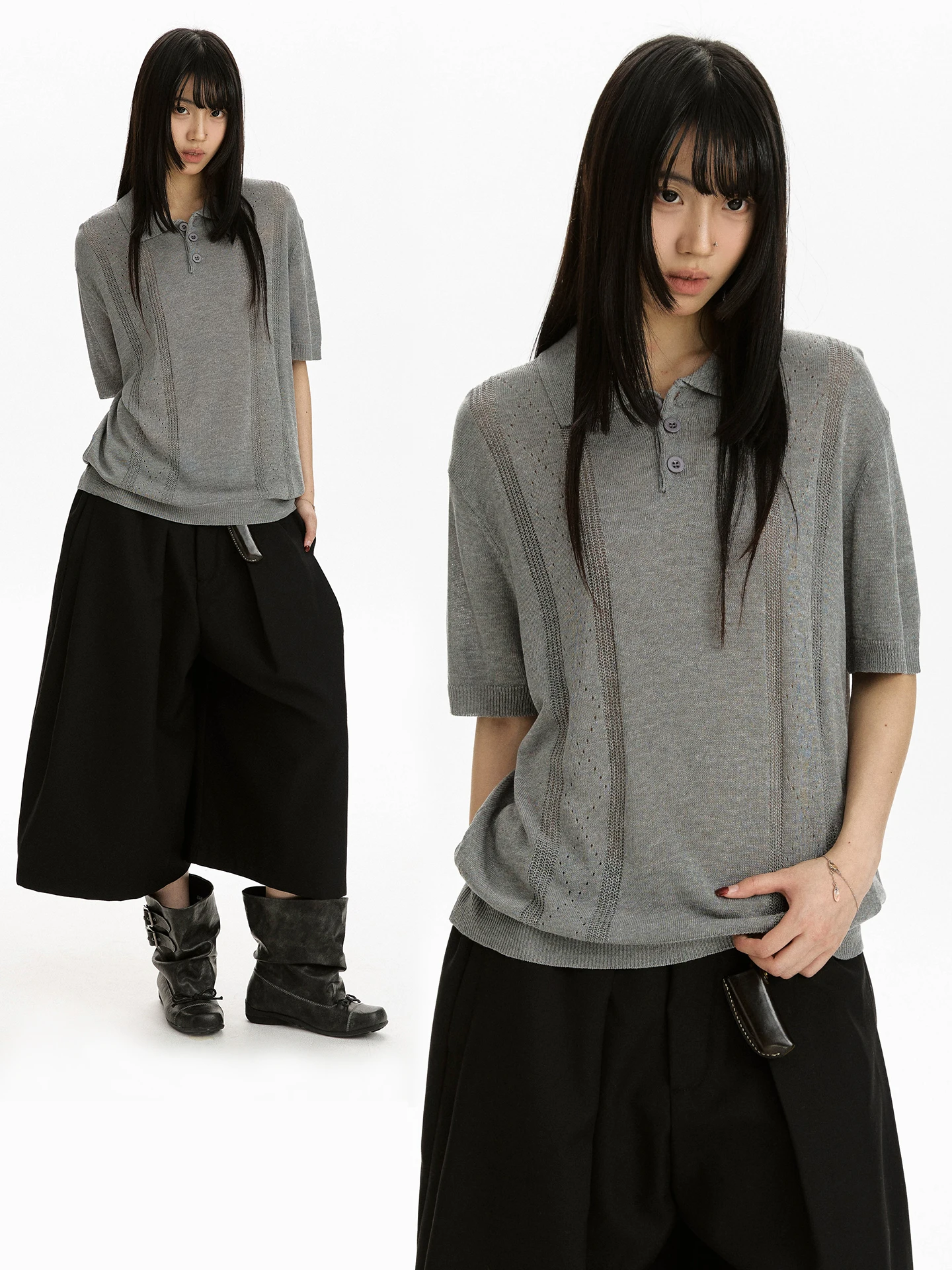 

Женская вязаная рубашка Apocket в стиле ретро с вырезами, легкая, повседневная, свободного кроя, с коротким рукавом, дышащая, комфортная