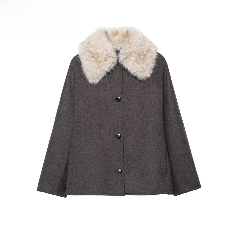 

ZBZR Autumn New Women's Jaet Coat Collar Artificial Fur Effect Long Sve Straight Cut Commute Sle Single Button Closure