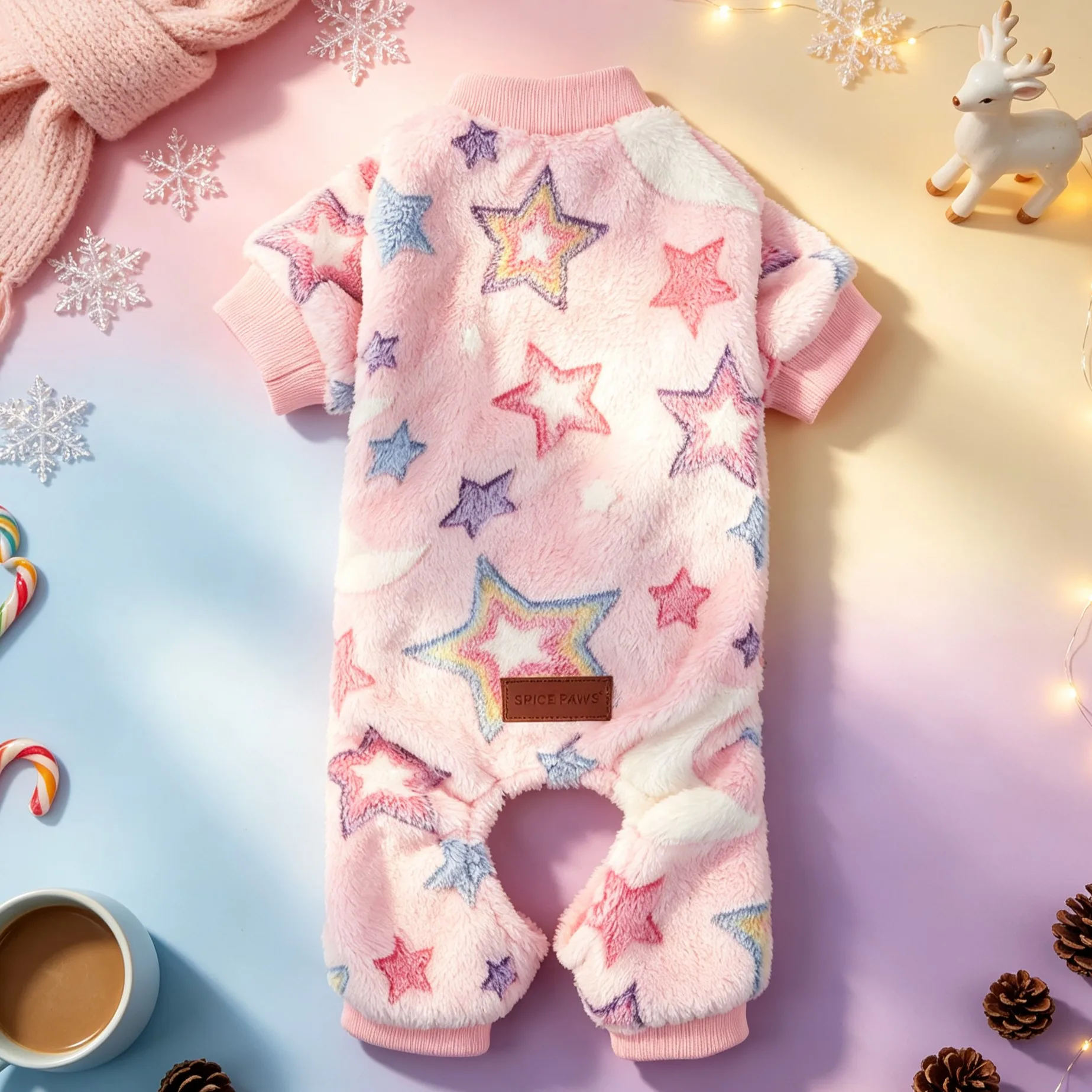 Kleidung für vierbeinige Haustiere, Hunde-Overall-Pyjama, dicke, flauschige Hunde-Kleidung für Herbst und Winter, Hunde-Kleidung mit Regenbogen- und Sternmotiven. – Detail 3