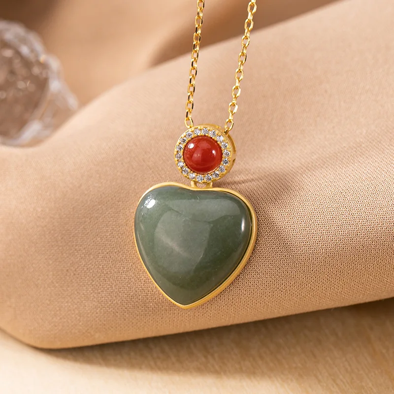 Natural Hetian green chalcedony Love Pendant Necklace Chinese style retro minority design charm women's brand jewelry