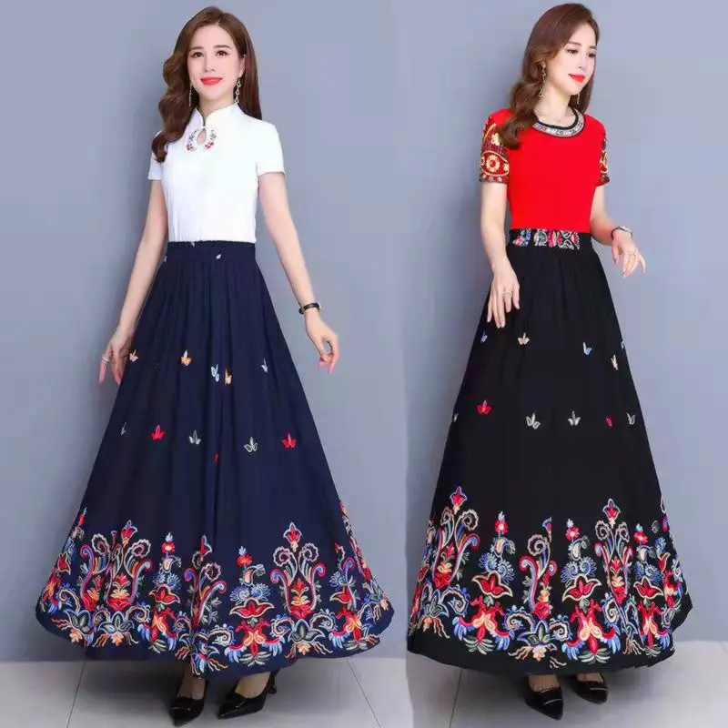 Female Spring Casual Skirt Women's Floral A-line Skirt Over Knee Mid Length High Waist Pleated Retro Embroidered Skirts Q377