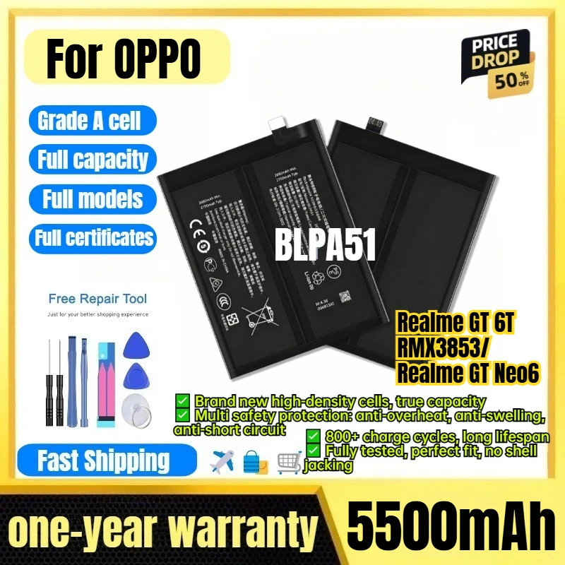 BLPA51 for OPPO Realme GT 6T/RMX3853/Realme GT Neo6 Phone Battery 0 Cycle High Capacity Battery Replacement Bateria with Tools