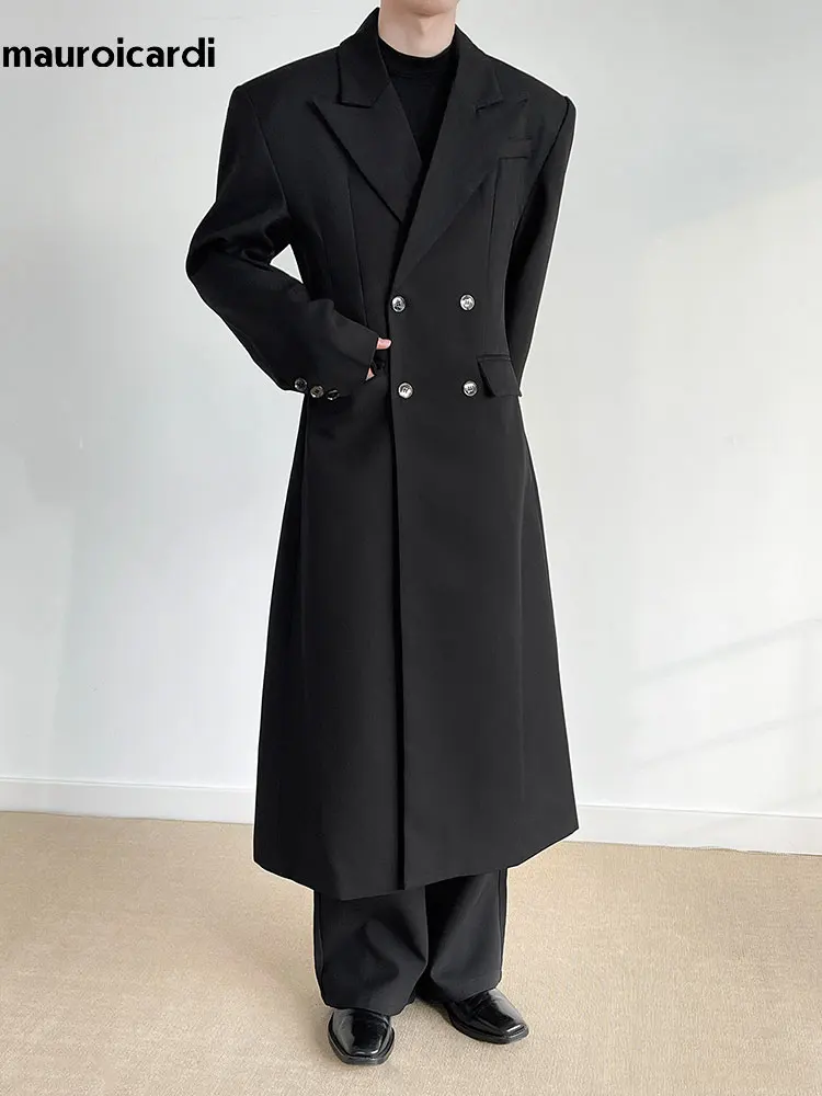 

Mauroicardi Spring Autumn Long Fitted Black Trench Coat for Men Shoulder Pads Peaked Lapel Double Breasted Luxury Chic Overcoat