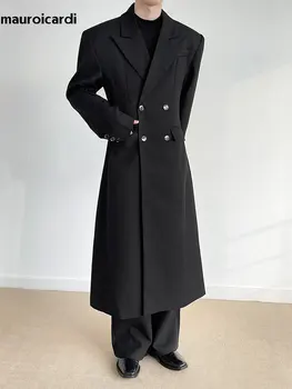 Mauroicardi Spring Autumn Long Fitted Black Trench Coat for Men Shoulder Pads Peaked Lapel Double Breasted Luxury Chic Overcoat