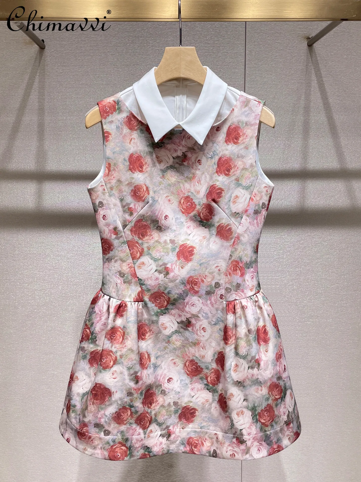 

French Elegant Retro Oil Painting Print A-line Short Dress Lapel Sleeveless High Waist Slim Sweet Socialite Party Dresses Woman
