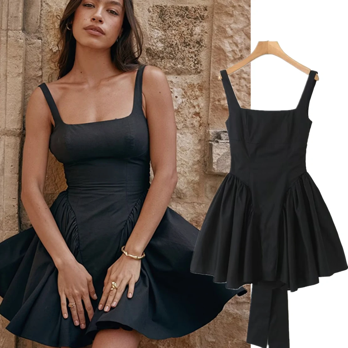 Dave&Di French Cotton Layered Backless  Dress Country Style Sleeveless Black Mini Tank Dress Women