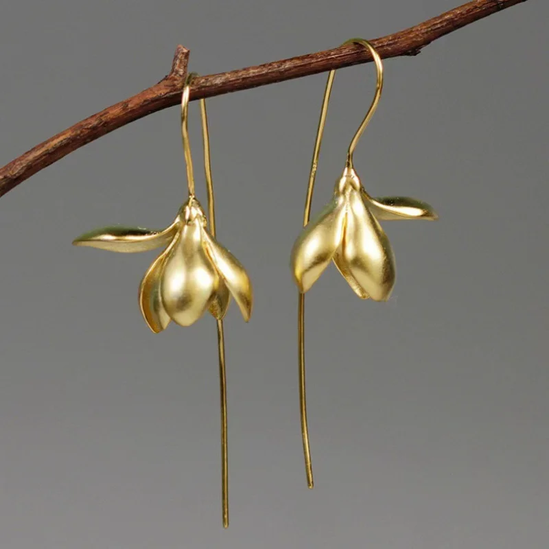Vintage Creative Magnolia Bloom Long Earrings for Moms Artistic Elegant Chinese Style Versatile Women Girls Gift