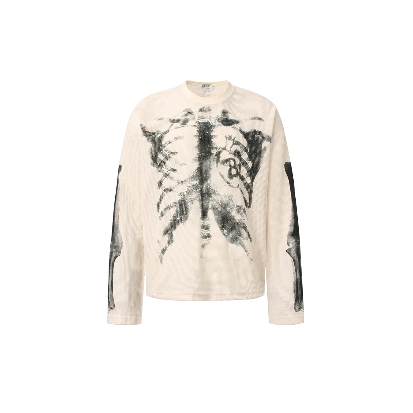 Autumn and Winter Retro Street Trendy Men's and Women's Skeleton Printed Pattern Design Y2K Waffle Long Sleeve T-shirt