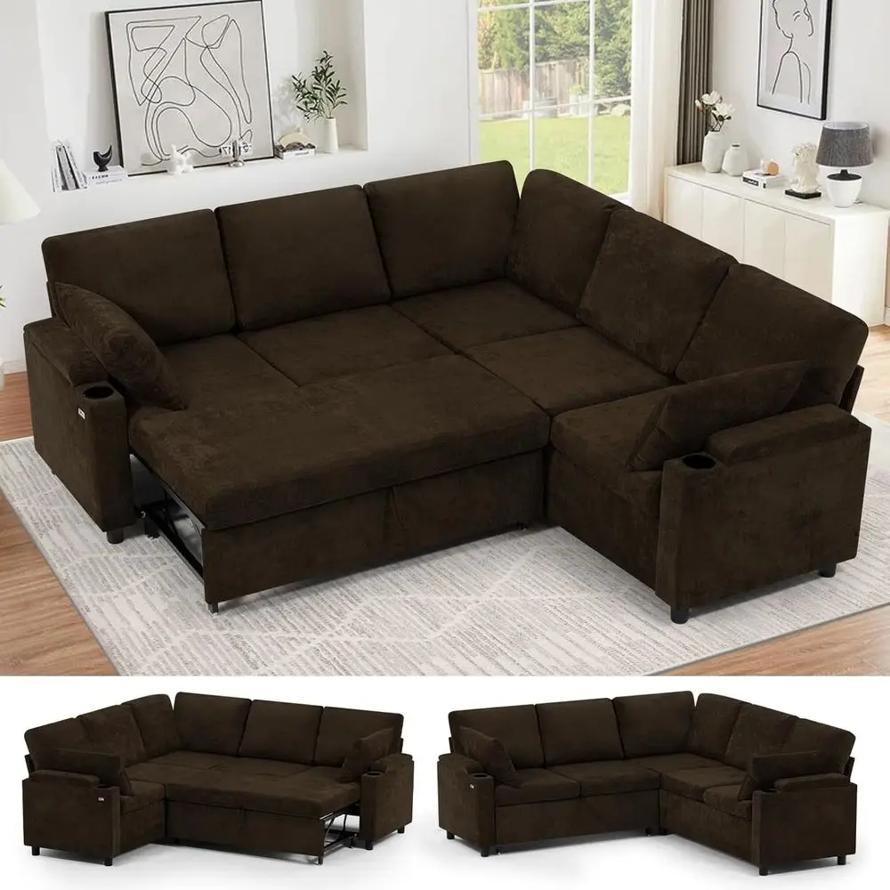 

85" Chenille Reversible Sectional Soa w/Pull-Out Bed, Upholstery L-Shaped Couch w/Storage Armrests & Cup Holders, ern Soa w/USB