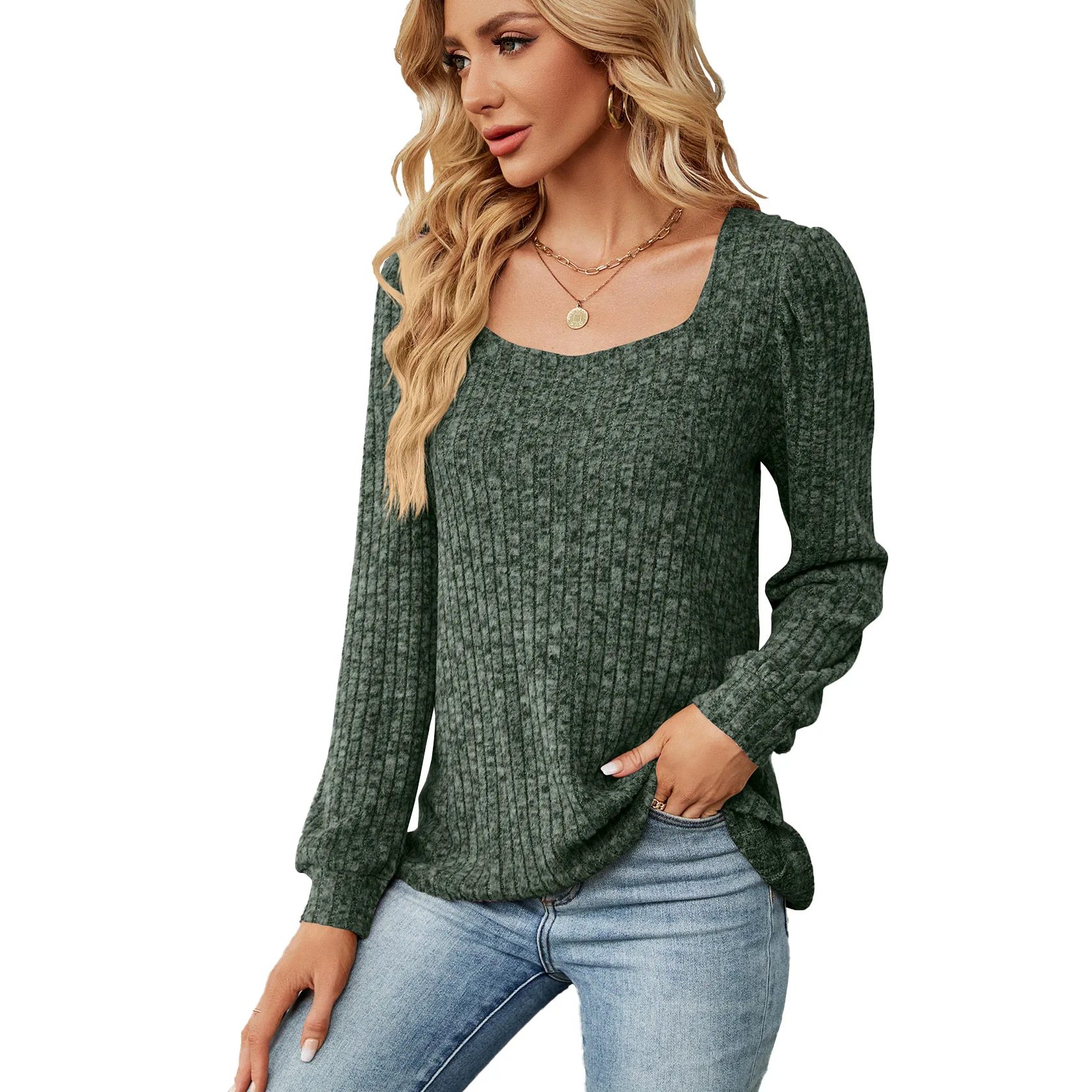 2023 Autumn/Winter New Women\'s Solid U-Neck Fashion Casual Pit Square Neck Elegant Loose Versatile Long Sleeve T-shirt Top