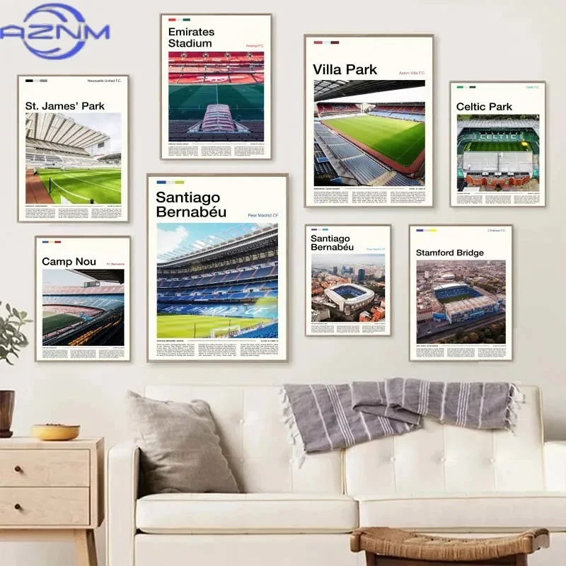 Póster de Lona con Diseño de Estadios de Fútbol Mundialmente Famosos: Camp Nou, Bernabéu, Etihad, Old Trafford, Arte de Pared para el Hogar