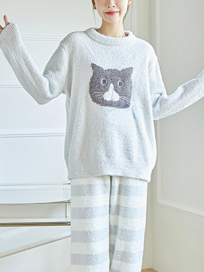 Japanese Fall Winter Warm Pajama Sets Cute Cat O-neck Pullover Tops + Loose Striped Tousers Sleepwear Women Casual Homewear Suit