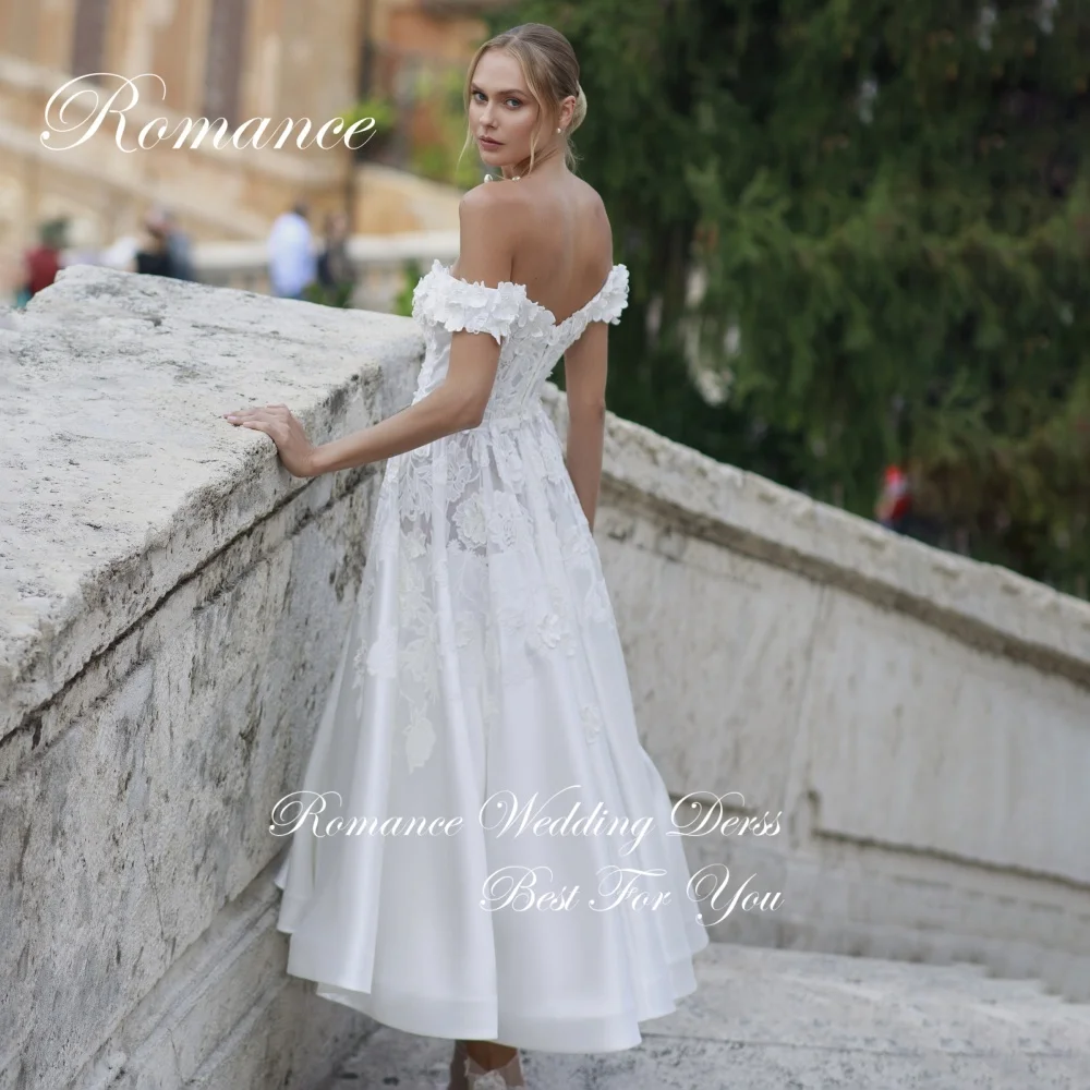 Eleganckie suknie ślubne w kształcie litery A z koronkowymi aplikacjami, odkryte ramiona, 2025, kwiaty, dekolt w łódkę, długość do kostek, Vestidos De Novia, możliwość personalizacji.