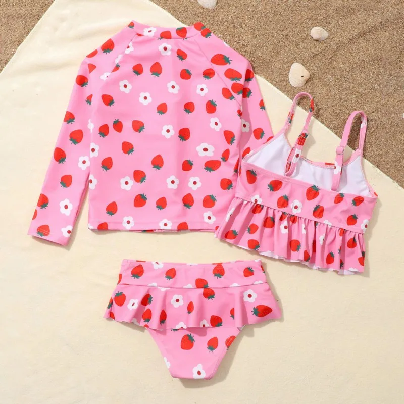 3Pcs Kids Girls Swimsuit Strawberry Print Sunscreen Coat+Bikini Tops Suspenders+Swim Briefs Beachwear Summer Girls Swimming Suit