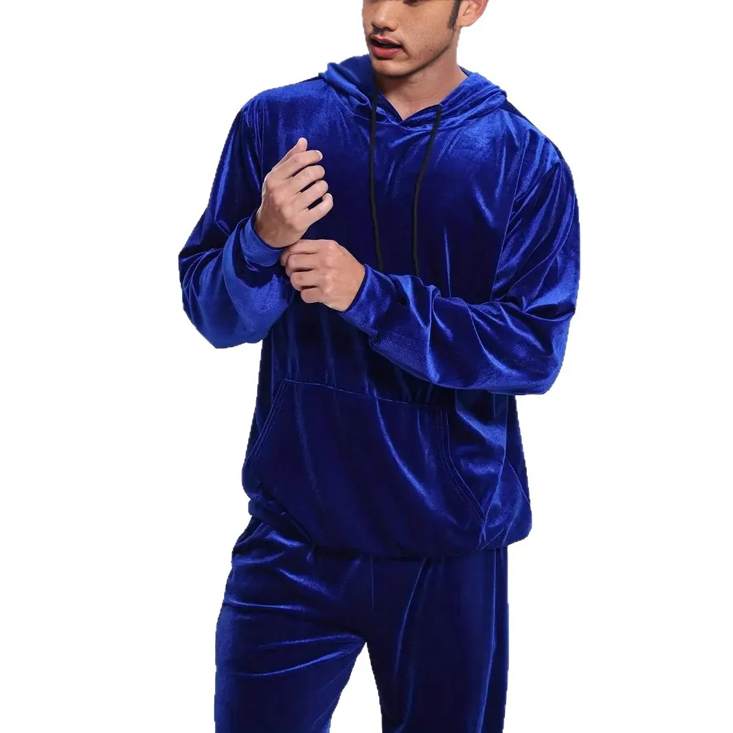 Men's Solid Color Velvet Casual Suit Long Sleeve Hooded Sweater Tights Pants Two-piece Set