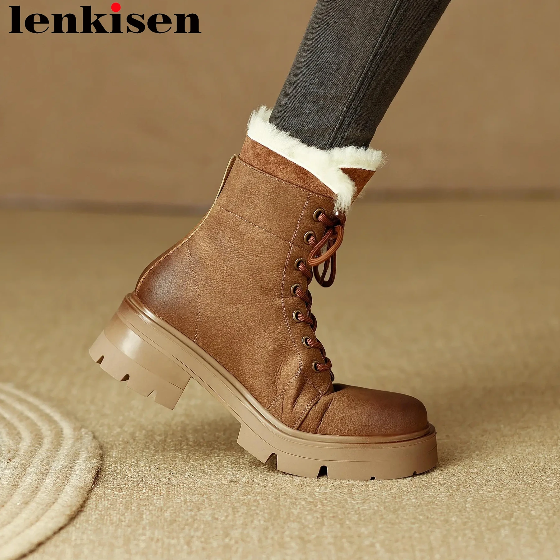 

Lenkisen Cow Split Leather Round Toe High Heels Keep Warm Casual Winter Snow Boots Platform Rivets Lace Up Classics Ankle Boots