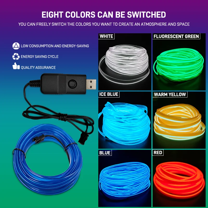 Car Interior Decorative Lamps EL Wiring Neon Strips Dashboard Auto LED Ambient Lights DIY Flexible Atmosphere Lamp 1M/3M/5M