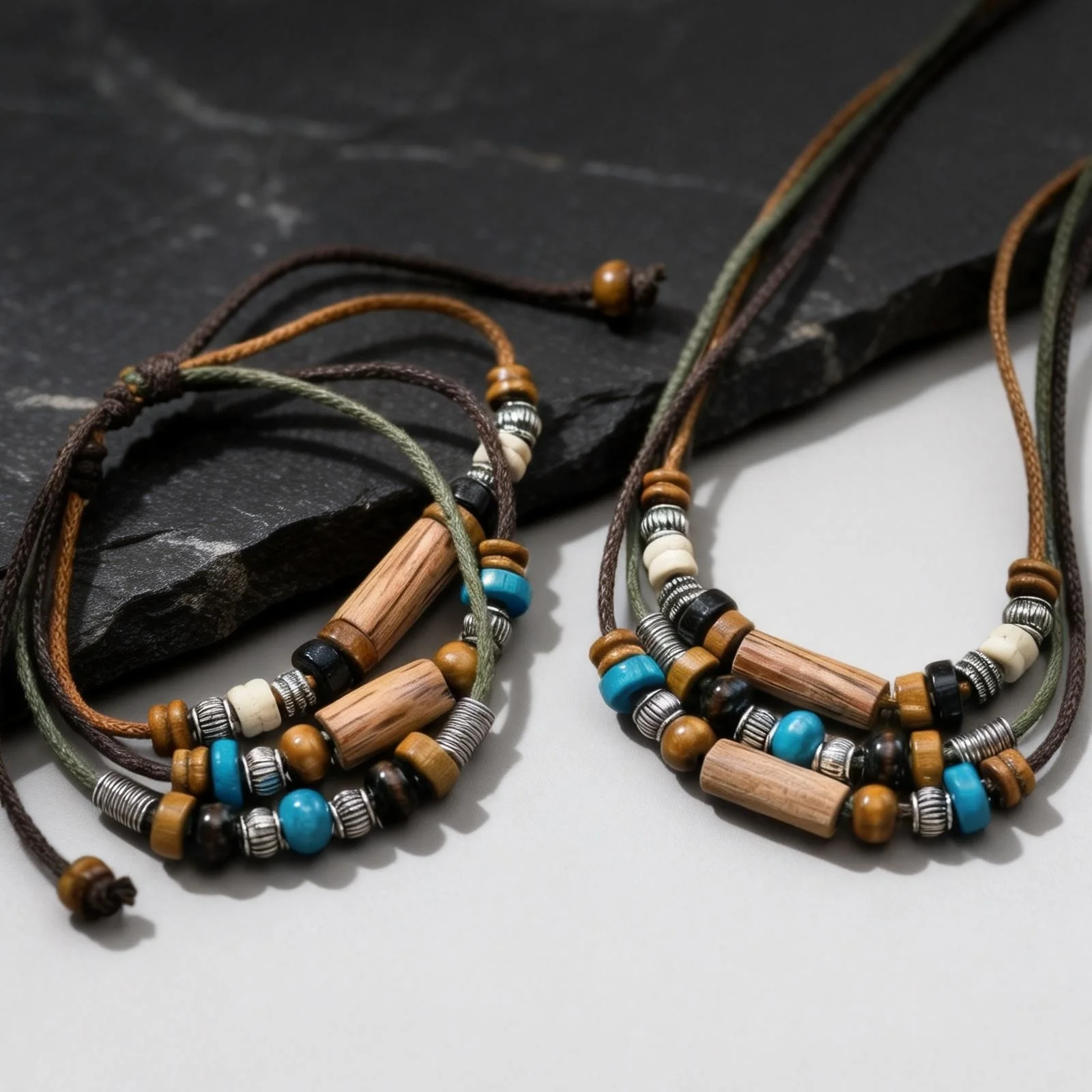 Vintage Wood Beads Leather Necklace for Men,2pcs/Set Multi-layer  Weave Collar Bracelet Jewelry Set Gift - view 5