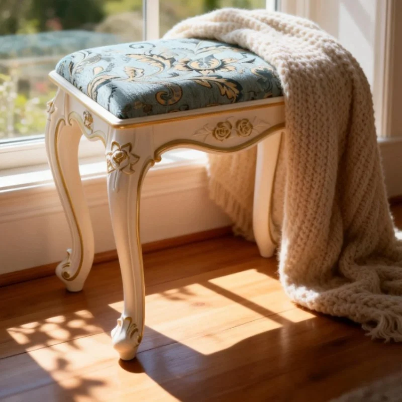 

Элегантный дизайнерский табурет-пуф с золотой отделкой и тканевой обивкой в стиле французского ретро для спальни, туалетного столика, домашняя мебель