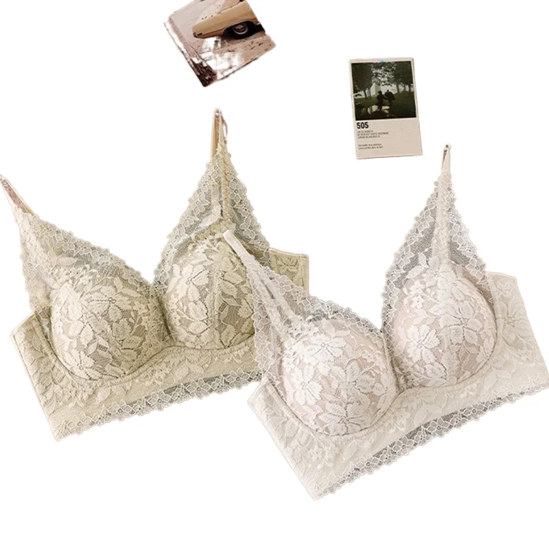 KUCLUT Sexy Lace High-end Luxury Hot Women's Underwear Small Breast Push-up Bra Without Rims Beautiful Back Thin Section