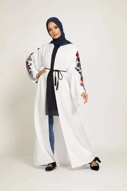 Net rouge même mode femmes musulman Cardigan brodé coupe ajustée à manches longues Abaya1713 Ramadan dubaï luxe Islam élégant