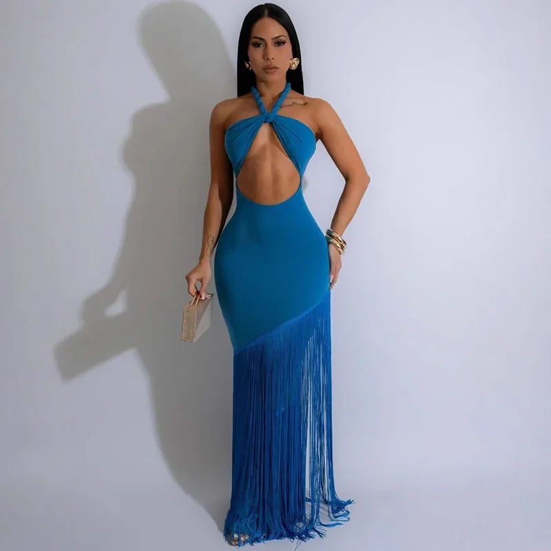 Sexy licou dos nu moulante robe Maxi femmes anniversaire soirée soirée bal évider gland célébrité formelle longues robes