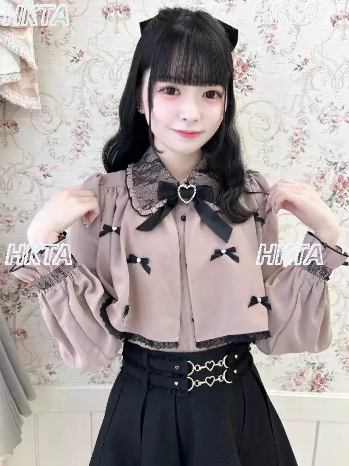 

Japanese Mass Produced New Cute Sweet Elegant Lolita Short Cape Shawl Small Bow Lace Bow Doll Collar Splicing Shirt Tops Women