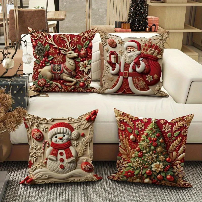 

4-piece Holiday Christmas Pillowcase Set - Comfortable Short Plush, 44.96 Cm X 44.96 Cm, Single-sided Printing, Zipper Closure