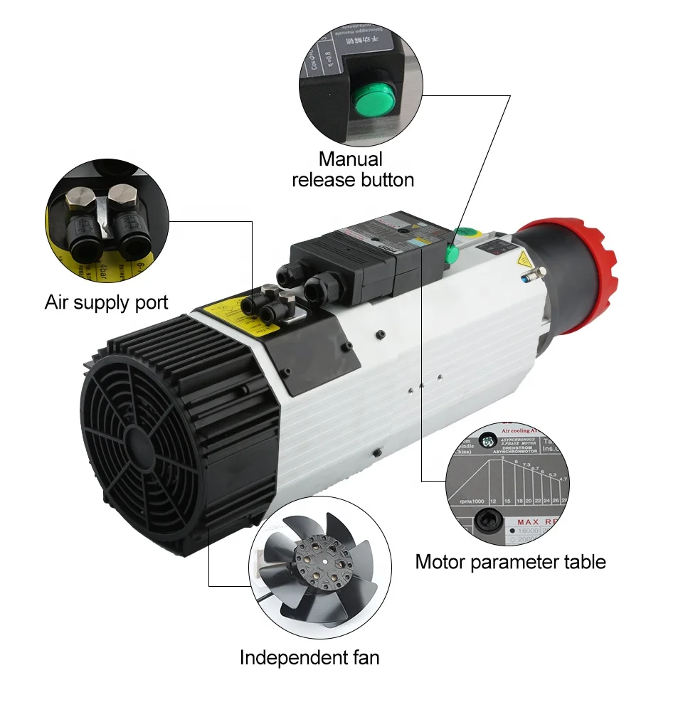 มอเตอร์แกนหมุน HQD 9kw 220v 380v แบบหัวยาว Atc 9 กิโลวัตต์ Hsk Iso30 Bt30 ชุดมอเตอร์เฟสเดียว ใช้แทน Hsd สำหรับเครื่องเราเตอร์ซีเอ็นซีเหล็ก