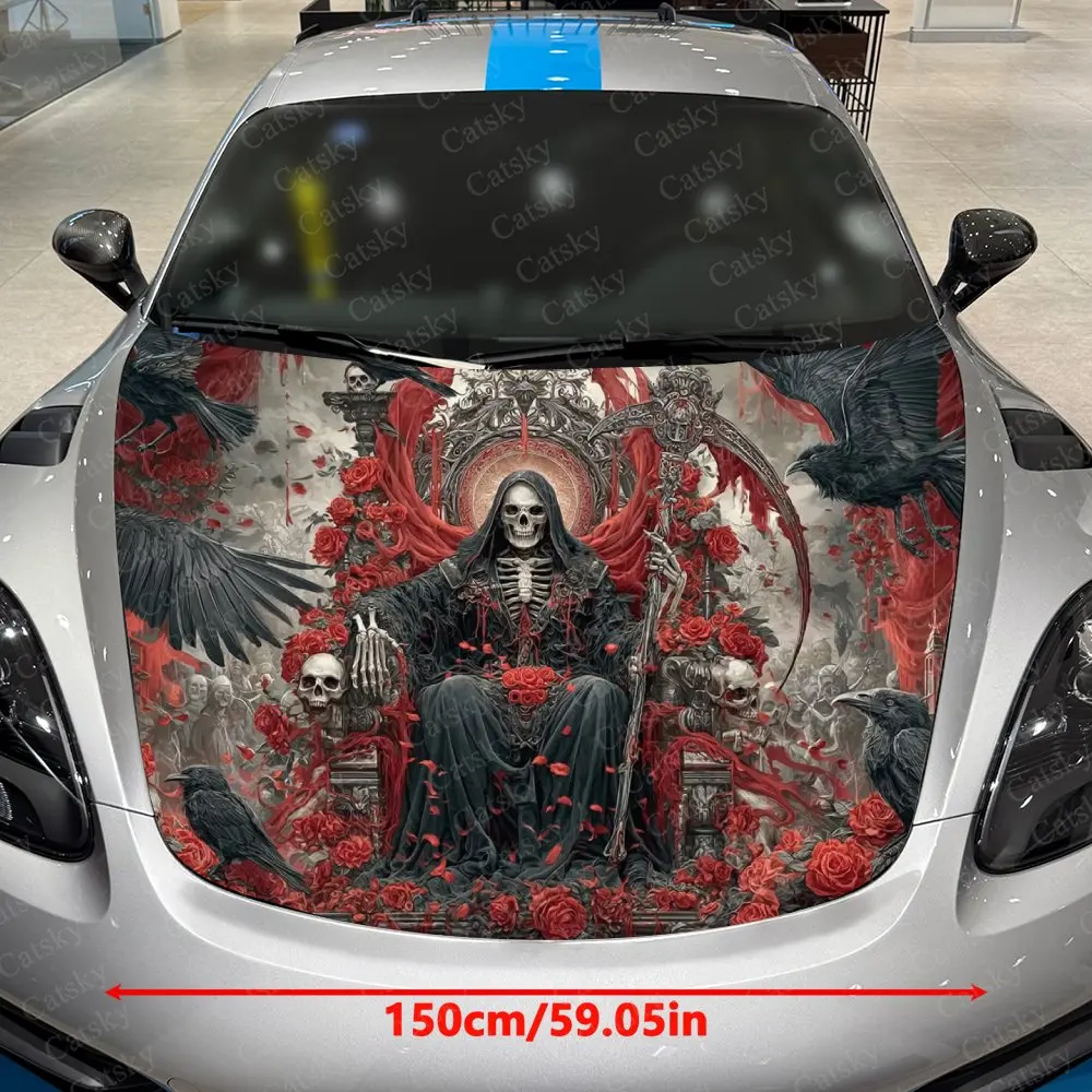 Gothic Black Robed Skeleton Sitting On A Throne Car Vinyl Film, PVC Waterproof Car Hood Sticker