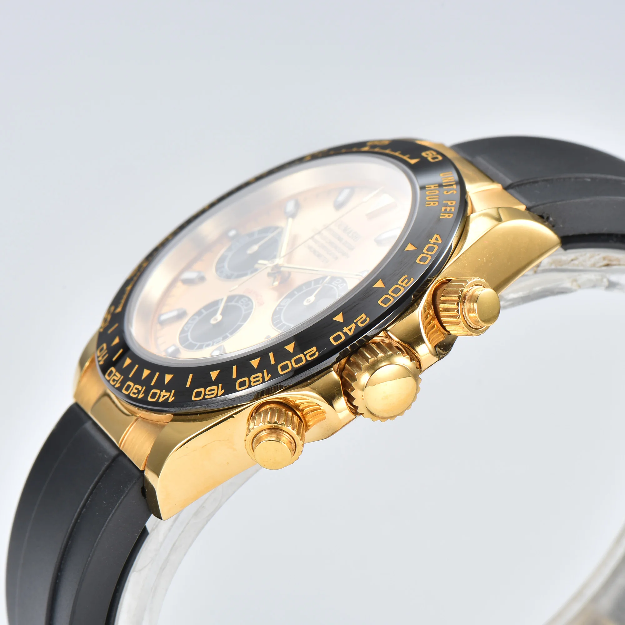 ساعة VK63 فاخرة ذهبية 39 ملم كوارتز كرونوغراف ساعة عمل للرجال سلسلة VK رياضية من زجاج الياقوت جوهرة قرص حافة سيراميك إدراج