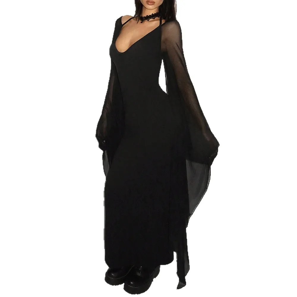 V Neck High Waist Dress Batwing Silhouette Dark Style with Flutter Sleeves Streetwear Evening Dress for Autumn for Women