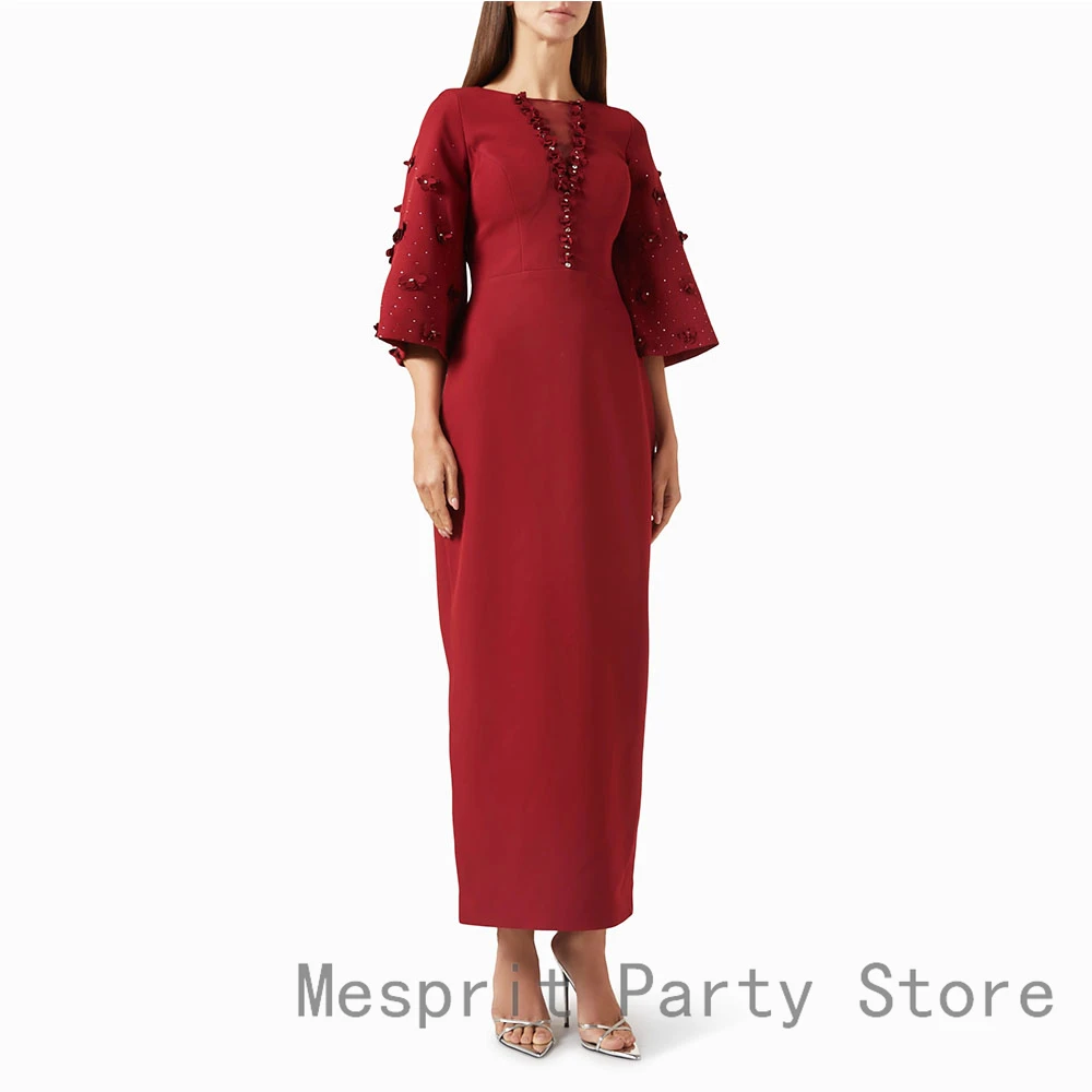 Rotes Ballkleid mit O-Ausschnitt, knöchellanges Abendkleid für Damen, 3/4-Ärmel, formelles Partykleid, Perlenstickerei, Schlitz, Saudi-Kleid mit Blumen – Detail 5