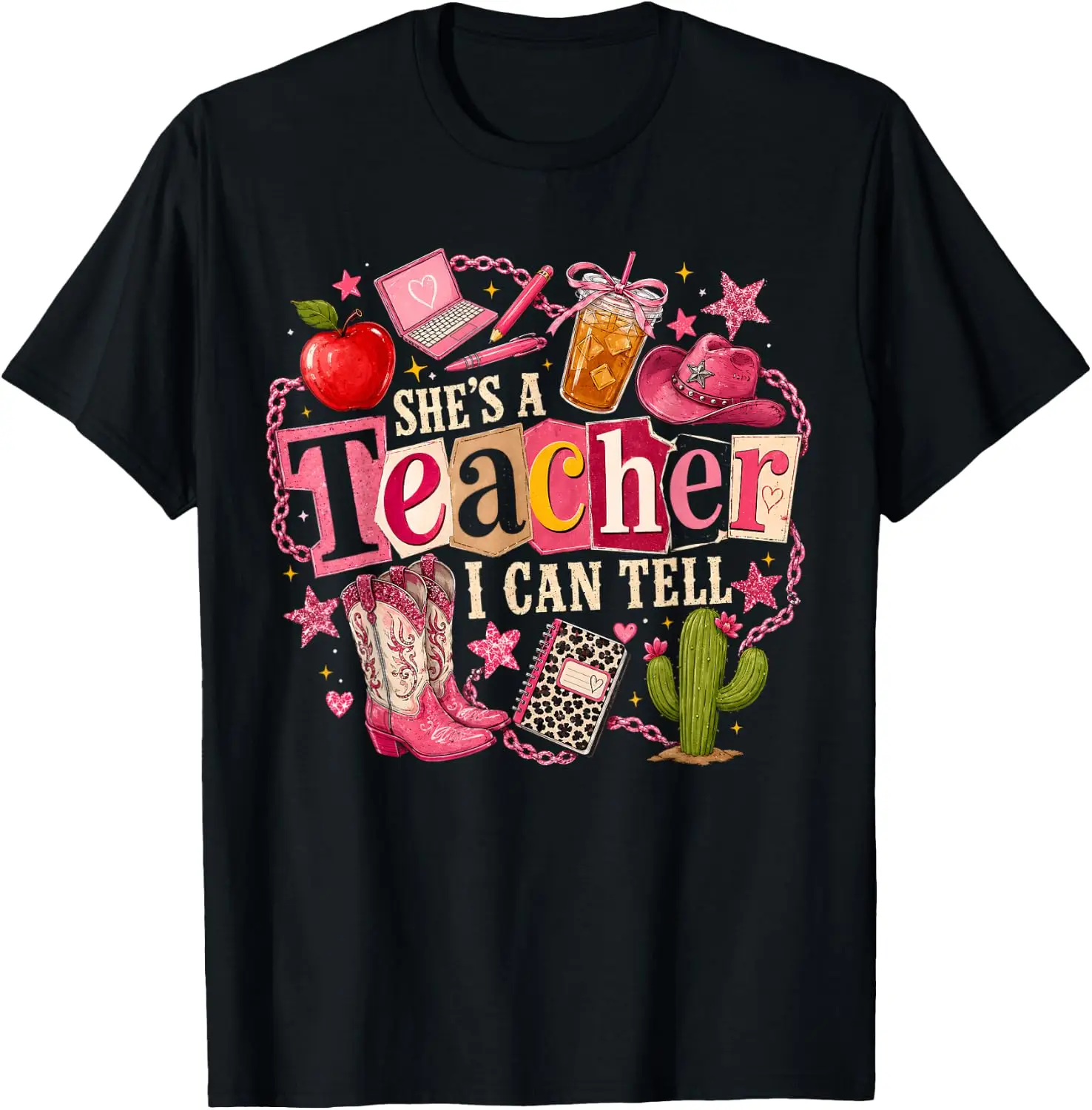 Shes A Teacher I Can Tell Western Classroom Art T-Shirt 100% Cotton Trendy Y2K Short-Sleeve Tee-Soft, Quick-Drying,