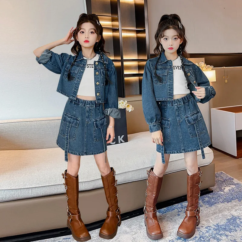 2pc 2025 fashion korea autumn winter Girls set Clothes teenager denim Cardigan top jacket + jeans short skirt 4 8 10 12 15 year