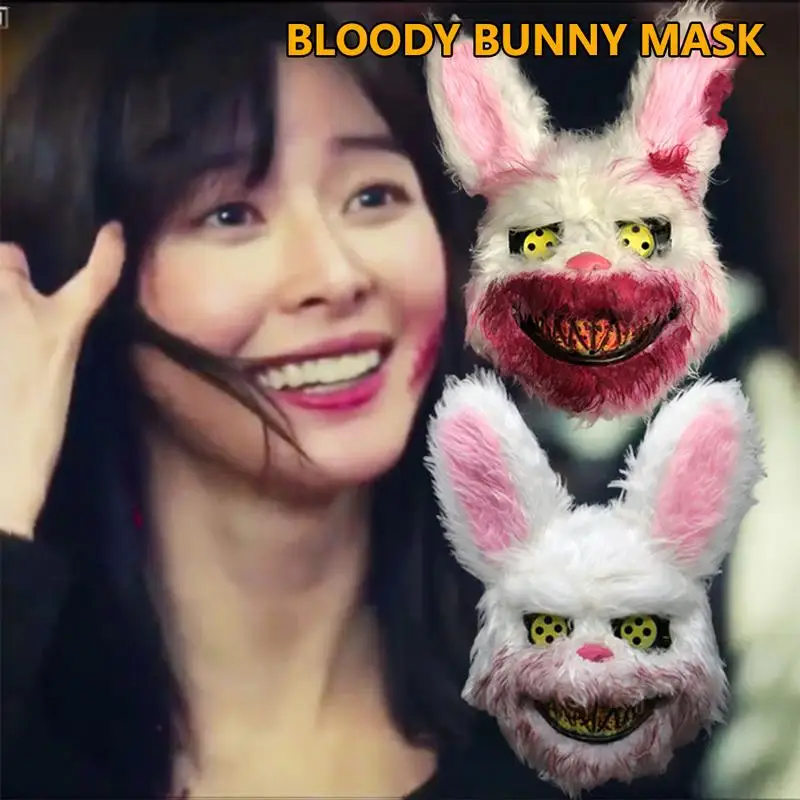 2020 Plush Bunny Mask Scary Masks Durable Realistic Bloody Simulation Rabbit Headgear Performance Prop For Halloween Masquerades