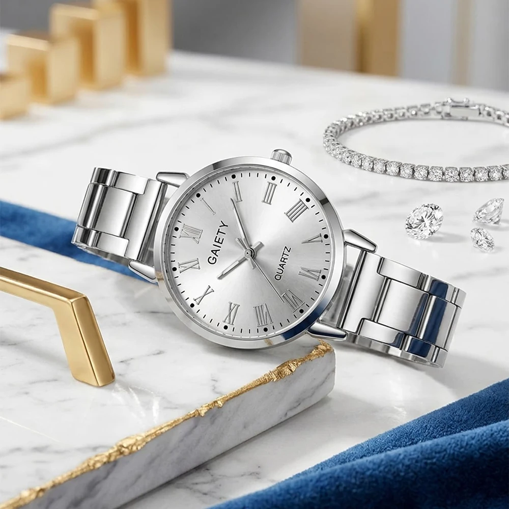 4Pcs/Set Unisex Jewelry Watches Women's Wristwatch Accessories Silver Trendy Fashionable Elegant Classic Exquisite Light Luxury Roman Numeral Dial Round Dial Quartz Watch Set Y2K Suitable for Travel, Parties, Daily Outfits, Perfect Birthday and Holiday Gift