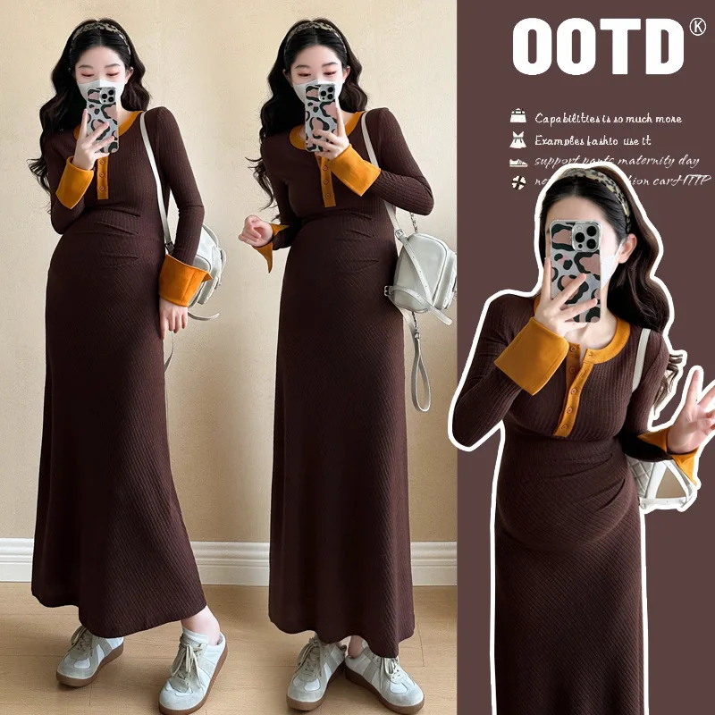 2025 New Maternity Dresses Spring and Autumn Fashion Color Block Waist Cinching Elegant Half Open Collar Long Sleeve Knit Dress