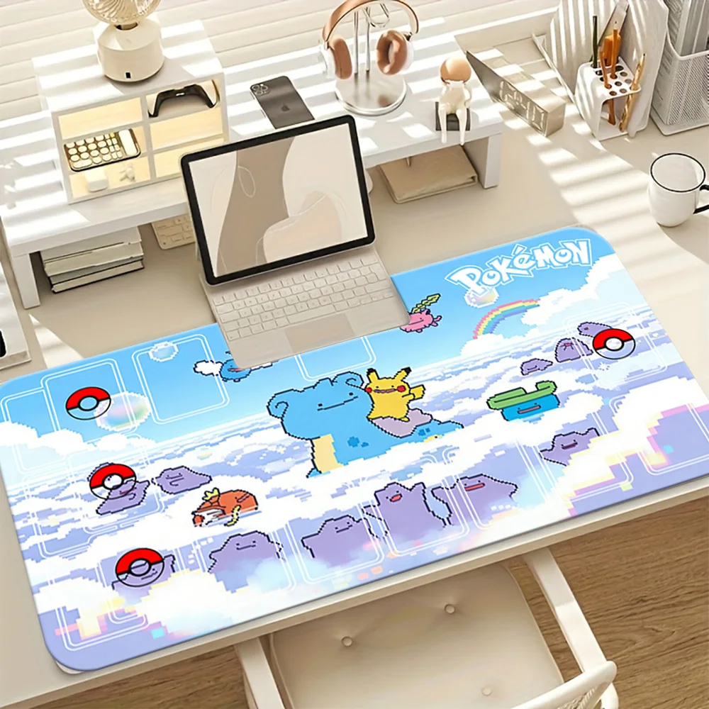 

Большой игровой коврик для мыши Pokemon Pikachu & Ditto Pixel Art Cloud Sky, милый аниме-коврик для стола, нескользящий удлиненный коврик для клавиатуры для игр