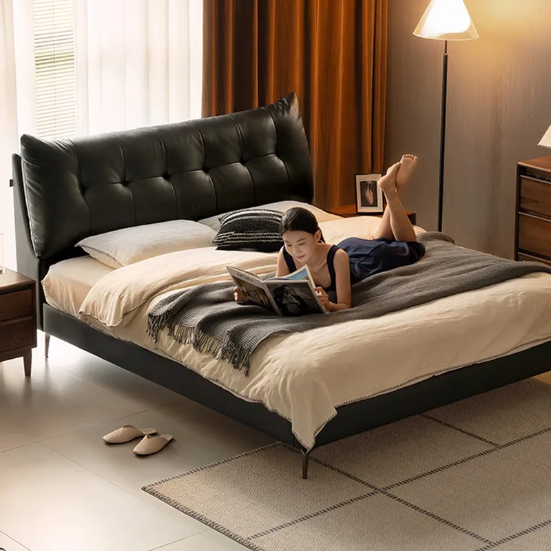 Italian minimalist leather bed, medieval style master bedroom simple double bed