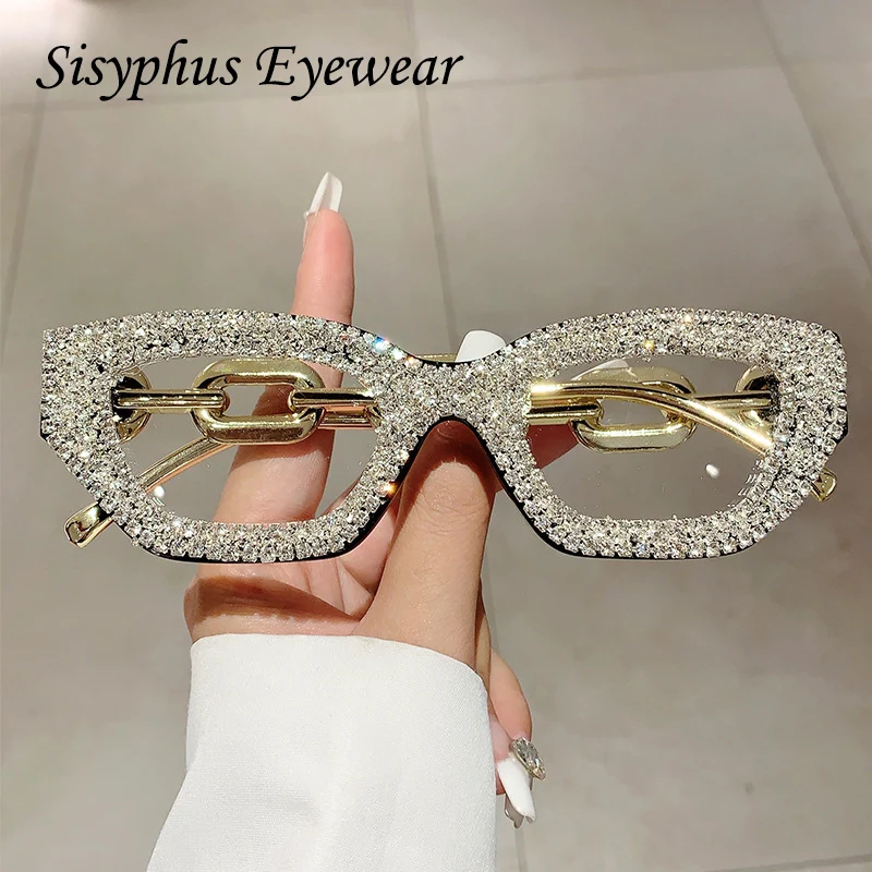 Luxury Diamond Rhinestone Vintage Brand Designer Sunglasses Women for Female Sun Glasses Punk Popular Chain Party Shades Uv400