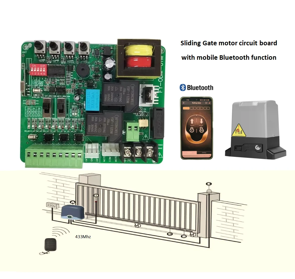 220V/110V Sliding Gate motor  Circuit board with Slow stop Automatic  closing 433MHZ Remote control and Mobile Bluetooth PCB